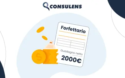 Illustrazione di un foglio con "Forfettario" e "Guadagno netto 2000€", con monete d'oro e un sacchetto di denaro. Simboleggia lo stipendio nel commercio.