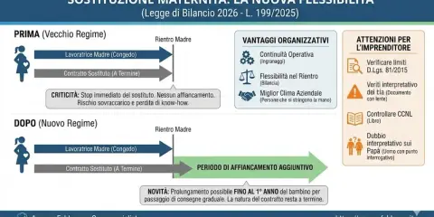 Schema sulla sostituzione maternità: prima e dopo il nuovo regime, con vantaggi e attenzioni per l'imprenditore. Il contratto di sostituzione maternità ora prevede affiancamento.