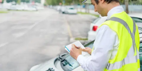 Un ausiliario del traffico con giubbotto catarifrangente scrive su un taccuino, controllando le auto parcheggiate.
