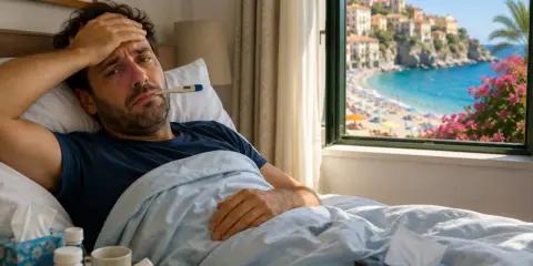 Uomo malato a letto con termometro, mentre fuori si vede una spiaggia affollata. La sua **malattia e ferie attaccate** rovinano la vacanza.