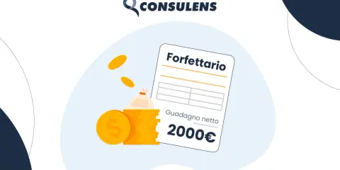 Illustrazione di un foglio con "Forfettario" e "Guadagno netto 2000€", con monete d'oro e un sacchetto di denaro. Simboleggia lo stipendio nel commercio.