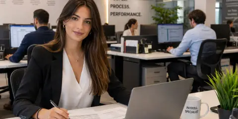 Donna sorridente in ufficio, con tazza "Payroll Specialist", lavora a report. Attenta al customer care.