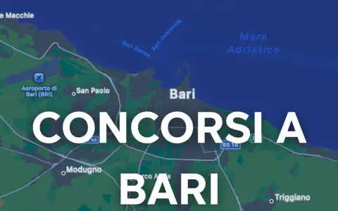 Mappa di Bari con la scritta "CONCORSI A BARI" in sovrimpressione. Si vedono l'aeroporto, il mare Adriatico e alcune località vicine.