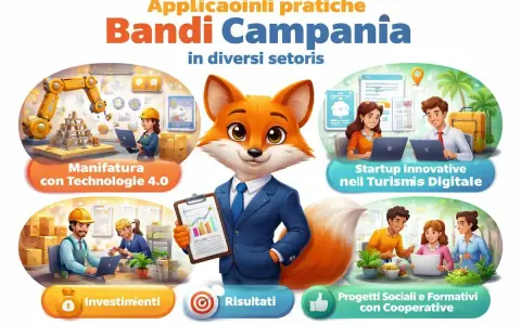 Volpe in giacca e cravatta presenta i bandi della Regione Campania per manifattura, startup turistiche, investimenti e progetti sociali.