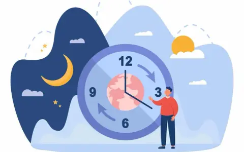 Un uomo indica un orologio che segna il tempo, con la luna e le stelle da un lato e il sole dall'altro, simboleggiando il lavoro notturno orario.