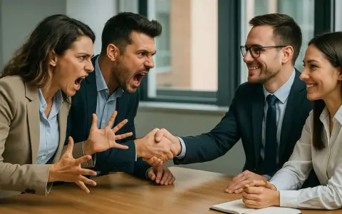 Due persone urlano e gesticolano mentre altre due si stringono la mano, mostrando una gestione dei conflitti efficace e un accordo raggiunto.