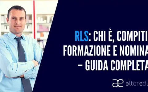 Uomo in camicia azzurra con cravatta blu. Testo: RLS: chi è, compiti, formazione e nomina - guida completa. Scopri quando è obbligatorio.