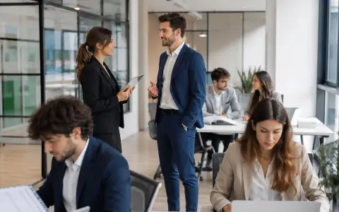 Un team in ufficio discute. Un uomo e una donna in primo piano parlano, mentre altri lavorano. Questo mostra cosa fa un hr manager: gestire persone e relazioni.
