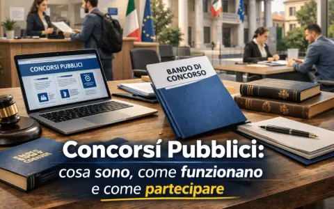 Bando di concorso nel diritto italiano su un tavolo con laptop, martelletto da giudice e libri.