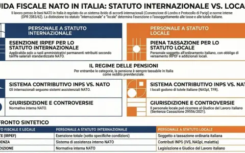 Guida fiscale NATO in Italia: confronto tra personale a statuto internazionale e locale. Un giurista d'impresa analizza imposte, previdenza e giurisdizione.