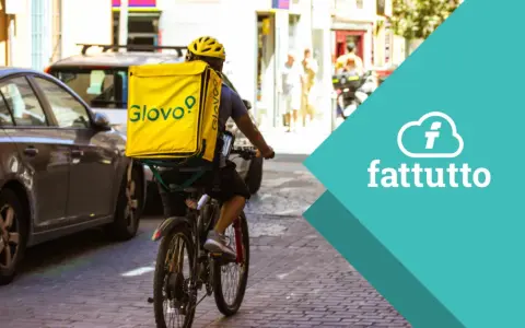 Corriere in bici con zaino giallo Glovo, pronto a consegnare. Scopri come lavorare con Glovo e unisciti alla squadra!