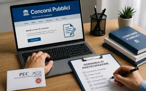 Ricerca di concorsi pubblici in uscita su un portale online. Una mano compila una domanda di partecipazione con i documenti richiesti.