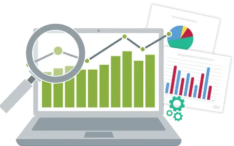 Analisi di grafici e dati su un laptop, con lente d'ingrandimento e ingranaggi, per monitorare gli indici di produttività.