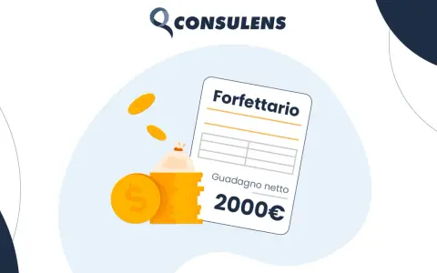 Illustrazione di un foglio con "Forfettario" e "Guadagno netto 2000€", con monete d'oro e un sacchetto di denaro. Simboleggia lo stipendio nel commercio.