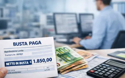 Busta paga con netto di 1.850,00€. La contabilità include la maggiorazione turno notturno, con euro e calcolatrice in primo piano.