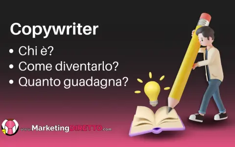 Un personaggio stilizzato scrive con una matita gigante su un libro aperto, con una lampadina accesa. Il testo parla del copywriter lavoro.