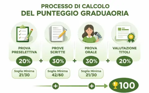 Schema del calcolo punteggio concorsi pubblici: prova preselettiva (20%), prove scritte (30%), prova orale (30%), valutazione titoli (20%).