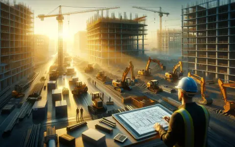 Un geometra di cantiere esamina un progetto su un tablet, circondato da gru, escavatori e edifici in costruzione sotto un sole dorato.
