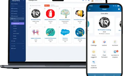 Un catalogo di corsi online, con il **blended significato** di apprendimento misto, mostra diverse opzioni formative su laptop e smartphone.