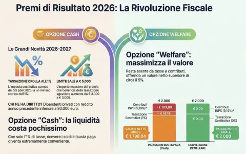 Confronto opzioni per premi di risultato: "Cash" con tassazione agevolata all'1% o "Welfare" esente da tasse.