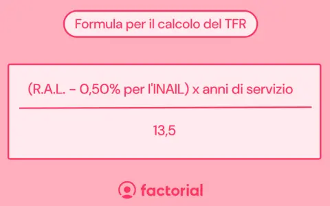 Formula per calcolare il TFR: (RAL - 0,50% INAIL) x anni di servizio / 13,5.