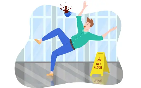 Uomo scivola su pavimento bagnato, caffè rovesciato. Un infortunio sul lavoro può portare a uno stipendio più alto se si ottiene un risarcimento.