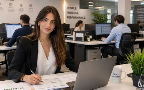 Donna al lavoro in ufficio, concentrata su report e laptop. Gestisce le risorse umane e lo stipendio.