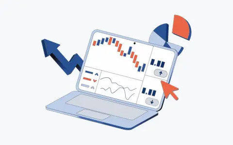 Grafico su laptop con freccia in crescita e torta. Esempi di risorse umane per analisi dati.