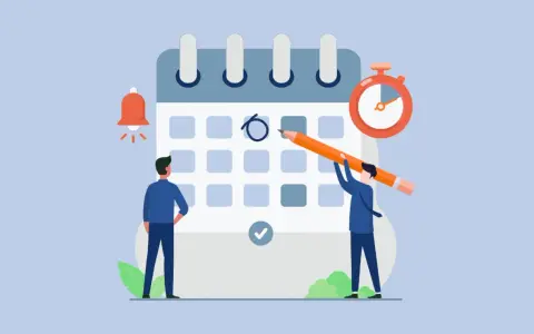 Due uomini pianificano un permesso pagato su un calendario, con una sveglia e un cronometro che indicano l'urgenza.