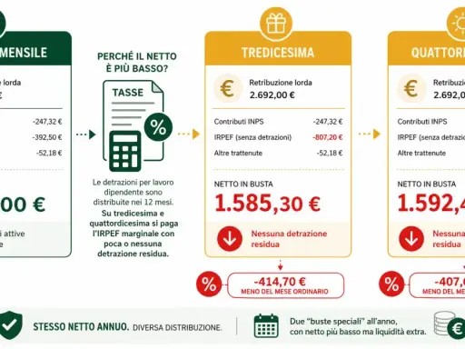 Confronto buste paga: stipendio mensile 2.000€, tredicesima 1.585€, quattordicesima 1.592€. Le 13 e 14 in busta paga mensilmente conviene per il netto annuo.