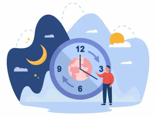 Un uomo indica un orologio che segna il tempo, con la luna e le stelle da un lato e il sole dall'altro, simboleggiando il lavoro notturno orario.