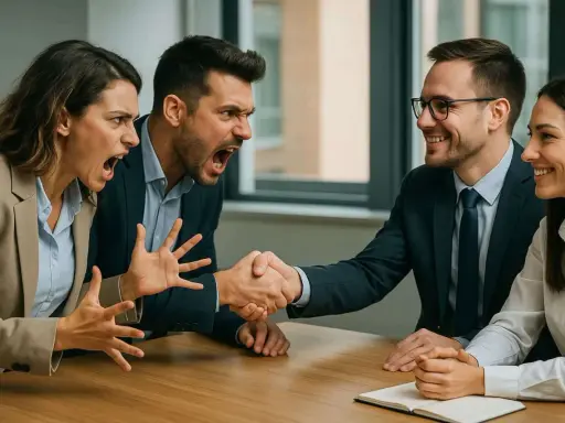 Due persone urlano e gesticolano mentre altre due si stringono la mano, mostrando una gestione dei conflitti efficace e un accordo raggiunto.