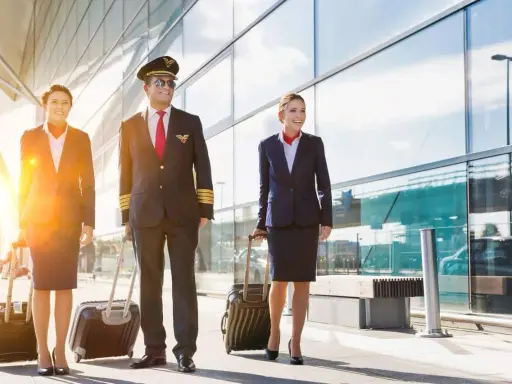 Equipaggio Ryanair cammina in aeroporto con valigie. Il pilota e le hostess sorridono, pensando al loro stipendio.
