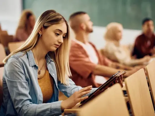 Giovane donna studia su tablet in aula, preparandosi per i concorsi pubblici Molise.
