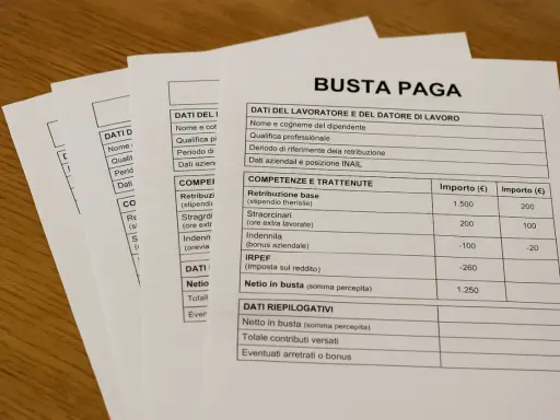 Busta paga con dettagli retributivi, contributi e imposte. Si evince che i giorni festivi vengono pagati, come indicato nelle voci "Straordinari" e "Eventuali arretrati o bonus".