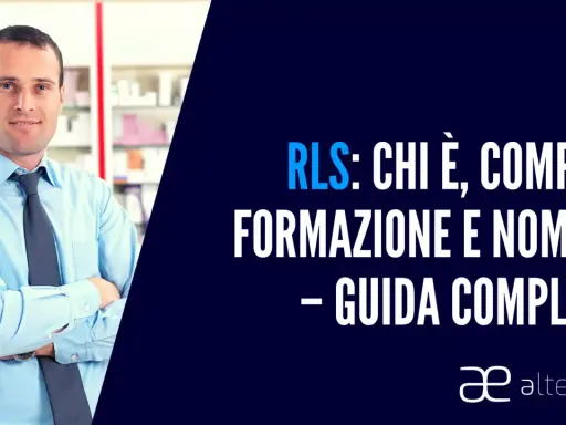 Uomo in camicia azzurra con cravatta blu. Testo: RLS: chi è, compiti, formazione e nomina - guida completa. Scopri quando è obbligatorio.