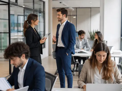 Un team in ufficio discute. Un uomo e una donna in primo piano parlano, mentre altri lavorano. Questo mostra cosa fa un hr manager: gestire persone e relazioni.