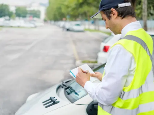 Un ausiliario del traffico con giubbotto catarifrangente scrive su un taccuino, controllando le auto parcheggiate.