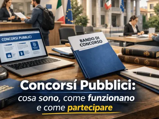 Bando di concorso nel diritto italiano su un tavolo con laptop, martelletto da giudice e libri.