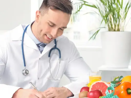 Medico sorridente con stetoscopio, circondato da frutta e verdura, mentre scrive. Un esempio di come diventare nutrizionista.