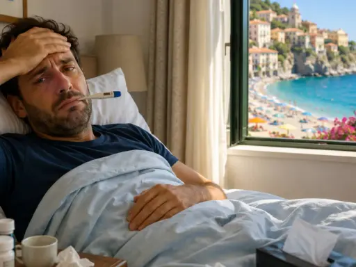 Uomo malato a letto con termometro, mentre fuori si vede una spiaggia affollata. La sua **malattia e ferie attaccate** rovinano la vacanza.