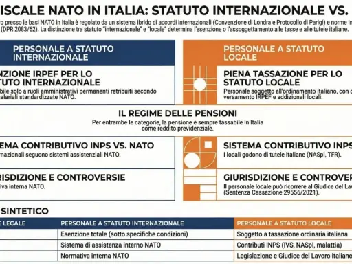Guida fiscale NATO in Italia: confronto tra personale a statuto internazionale e locale. Un giurista d'impresa analizza imposte, previdenza e giurisdizione.