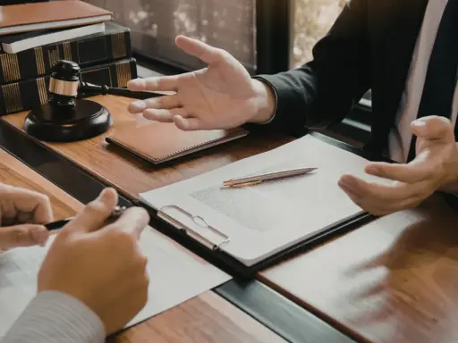 Consulenza legale: un avvocato, in veste di general counsel, spiega un contratto a un cliente, con martelletto e bilancia della giustizia sullo sfondo.