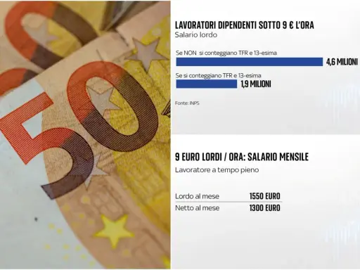 Dati INPS: milioni di lavoratori con salario lordo sotto i 9€/ora in Italia. Un lavoratore a tempo pieno guadagna 1550€ lordi al mese.