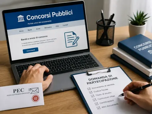 Ricerca di concorsi pubblici in uscita su un portale online. Una mano compila una domanda di partecipazione con i documenti richiesti.