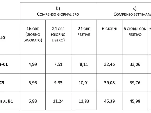 Tabella con livelli metalmeccanici e compensi giornalieri/settimanali. Mostra tariffe per ore lavorate, giorni liberi e festivi.