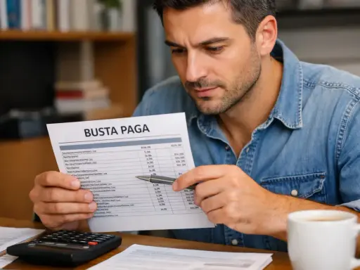 Uomo analizza busta paga, calcolatrice e caffè. Capire la retribuzione utile TFR cos'è è fondamentale per la gestione finanziaria.