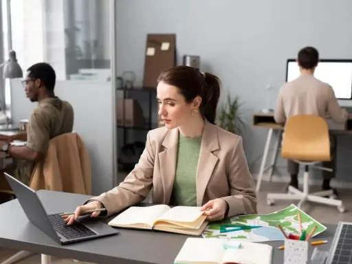 Donne al lavoro, forse preparano progetti per concorsi a Firenze. Uomini e donne concentrati sui loro computer, con mappe e quaderni aperti.