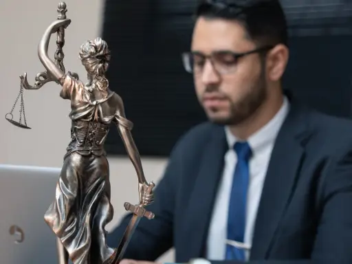 Statua della Giustizia e un uomo in giacca e cravatta, pronto per concorsi per laureati in giurisprudenza.