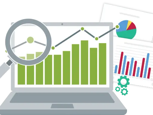Analisi di grafici e dati su un laptop, con lente d'ingrandimento e ingranaggi, per monitorare gli indici di produttività.